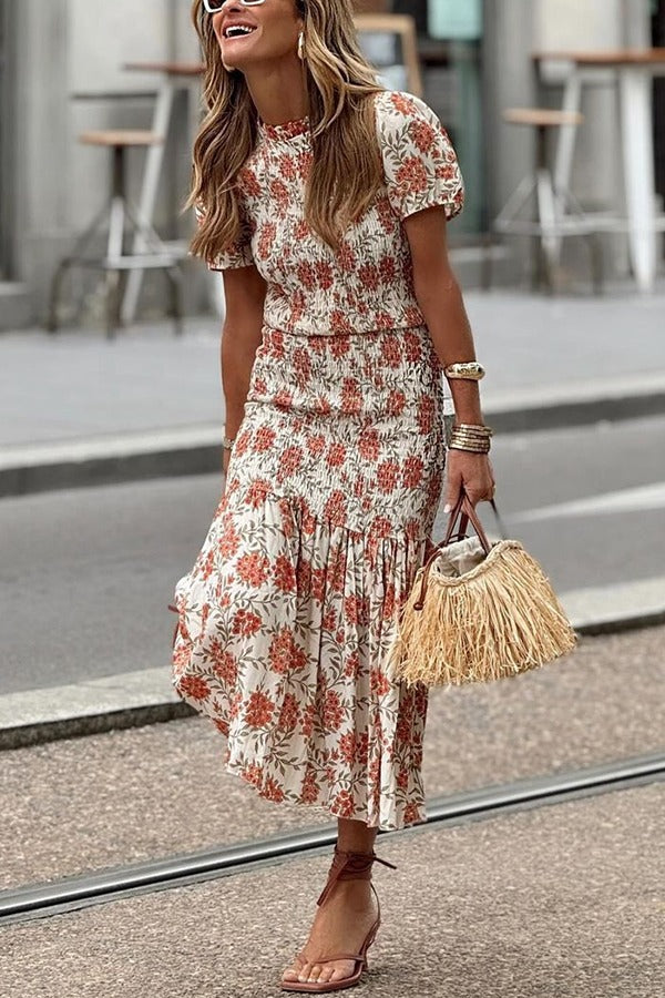 Botanical Floral Print Crew Neck Puff Sleeve Pleated Maxi Dress