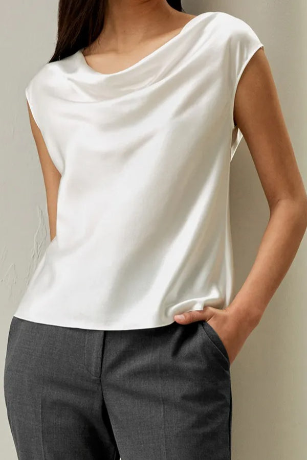 Pearly Luster Satin Cowl Neck Short Sleeve Loose Top