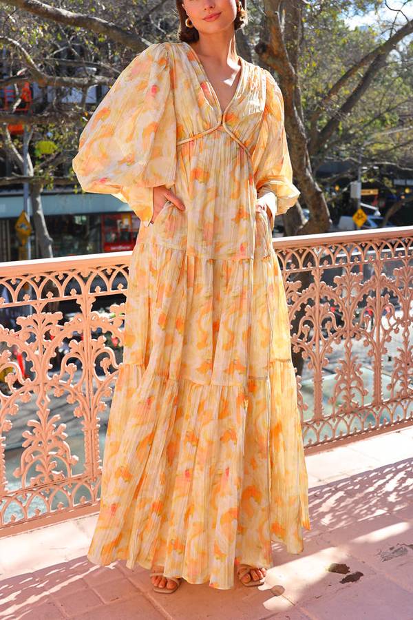 Ochre Cloud V-neck Loose-fitting Puff Sleeve Maxi Dress