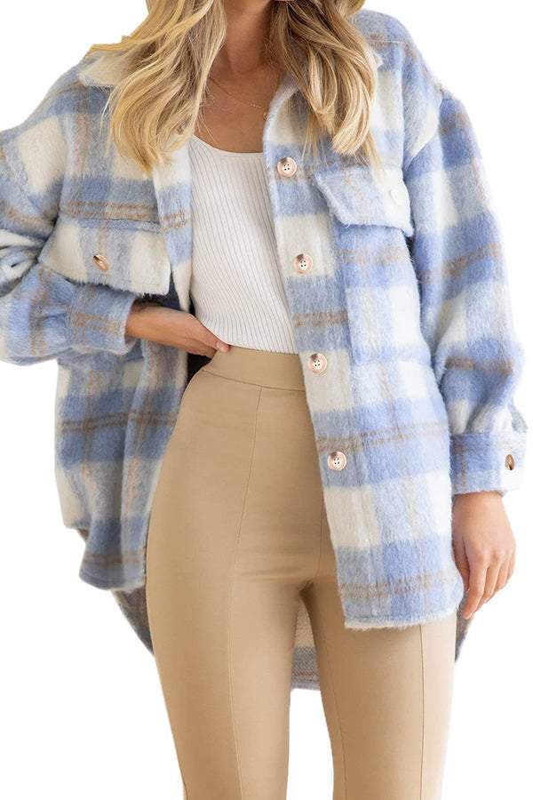 Trendy Plaid Large Pocket Single Breasted Long Sleeve Coat