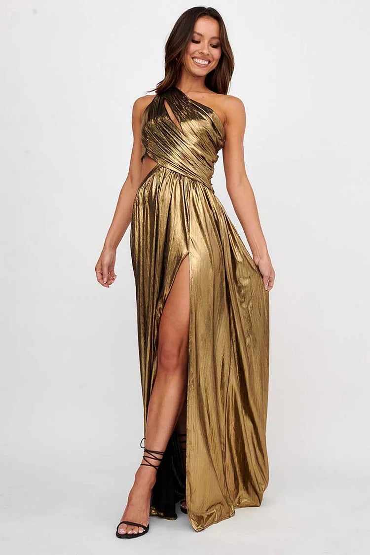 Sheen Metallic Finish One Shoulder Cut Out High Slit Formal Party Maxi Dresses-Gold