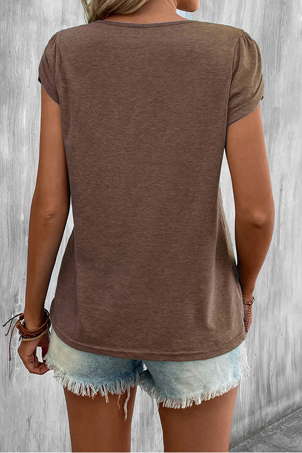 Solid Color Casual Cutout Neck T Shirt