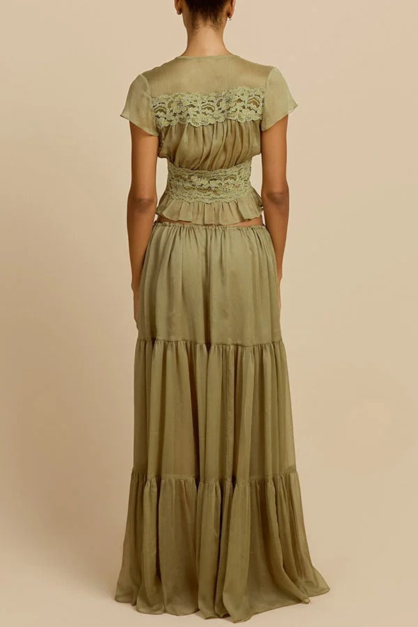 Sabrina Chiffon Lace Trim Button Up Short Sleeve Ruffle Plung Blouse