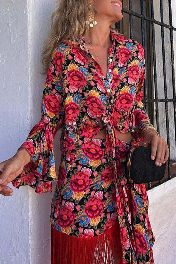 Grace Given Floral Ruffle Bell Sleeve Button Tie-up Waist Shirt