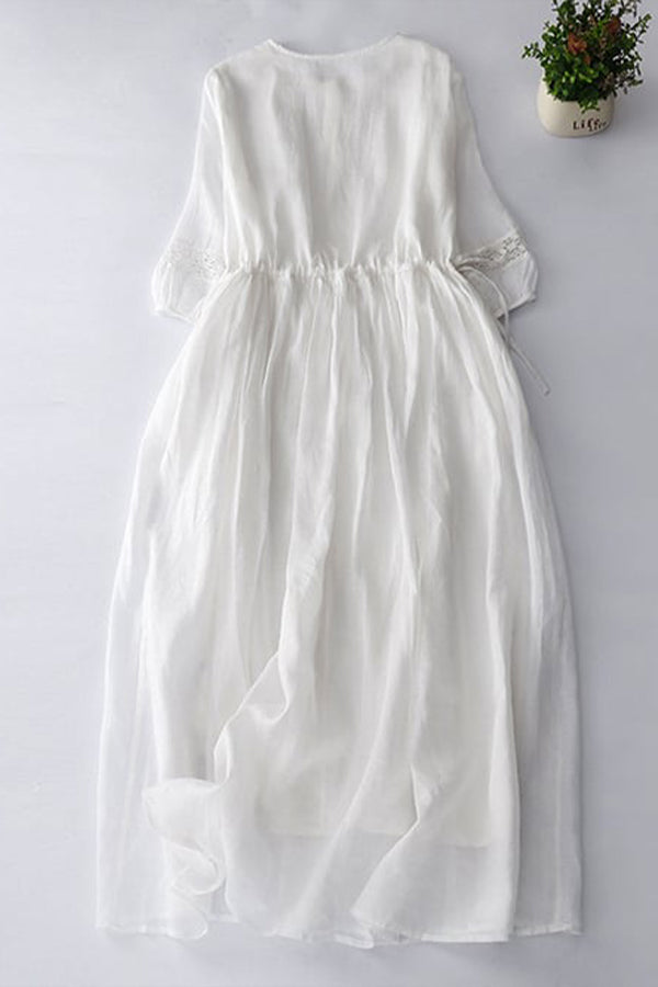 Thin Round Neck Lace Up Waist Embroidered Cotton Linen Dress