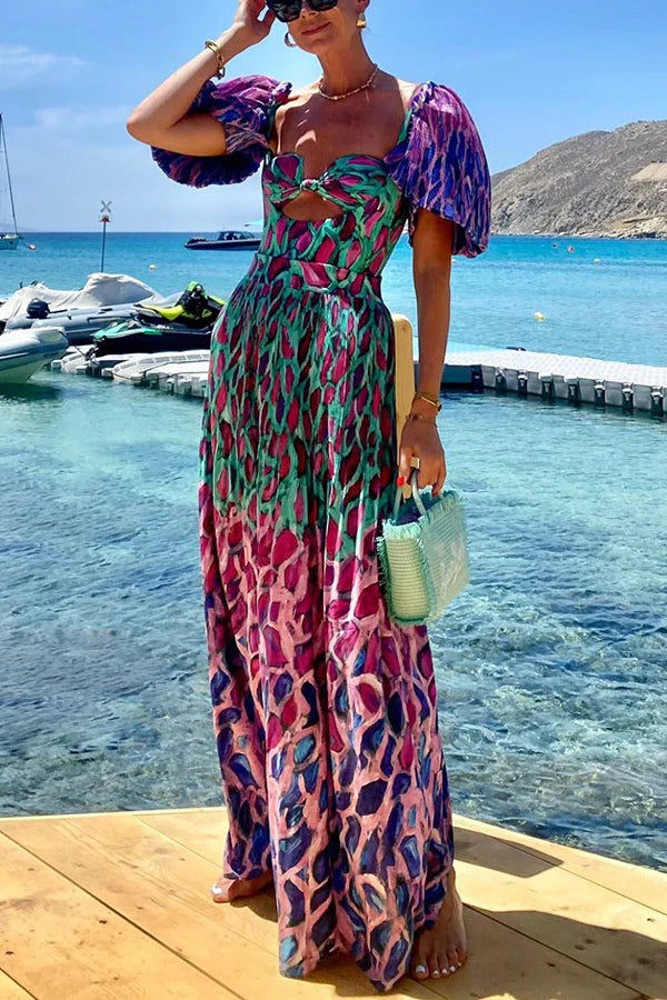 Mykonian Summer Unique Gradient Print Cutout Puff Sleeve Backless Slit Maxi Dress