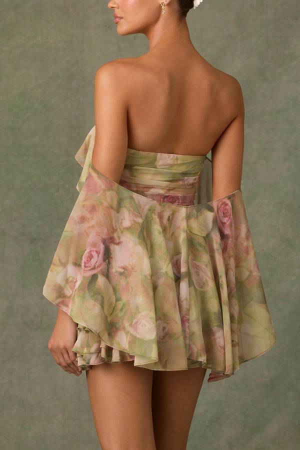 Chiffon Floral Print Elegant Multi-Layered Ruffle Mini Dress