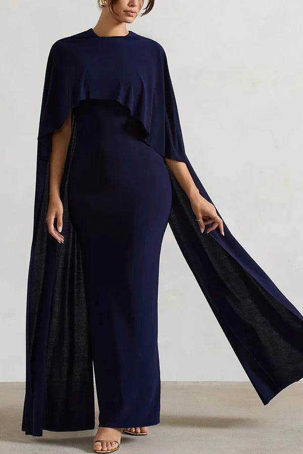 Charming Look Crew Neck Cape Sleeve Stretch Maxi Dress