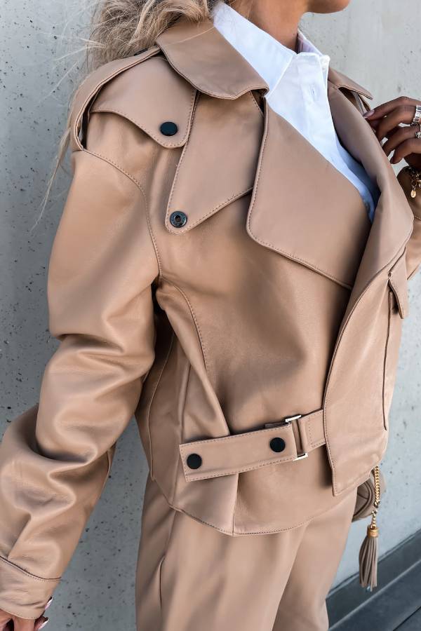 Stylish Leather Lapel Pocket British Style Cropped Jacket