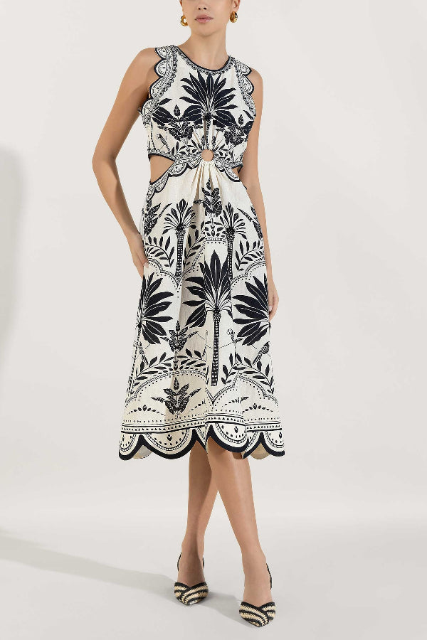 Naiara Palm Print Sleeveless Scalloped Trim Midi Dress