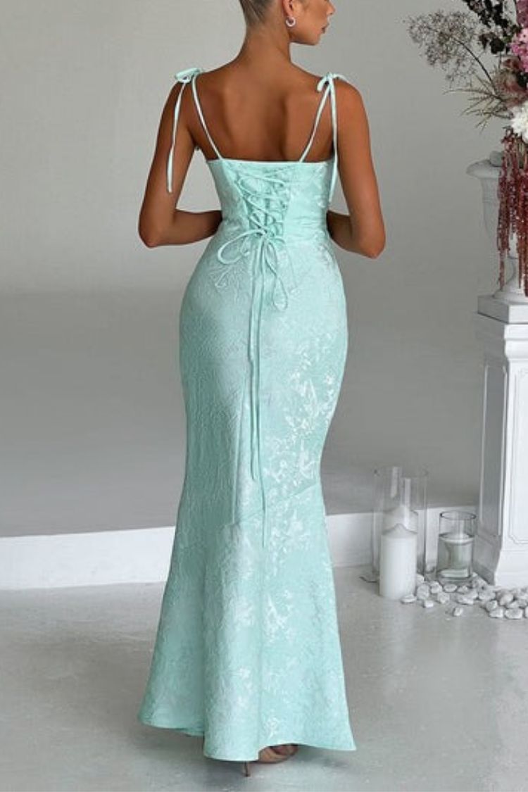 Jacquard Fabric Elegant Suspender Tie Slim Fishtail Maxi Dress