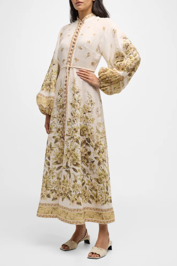 Golden Floral Long Sleeve Buttoned Linen Dress