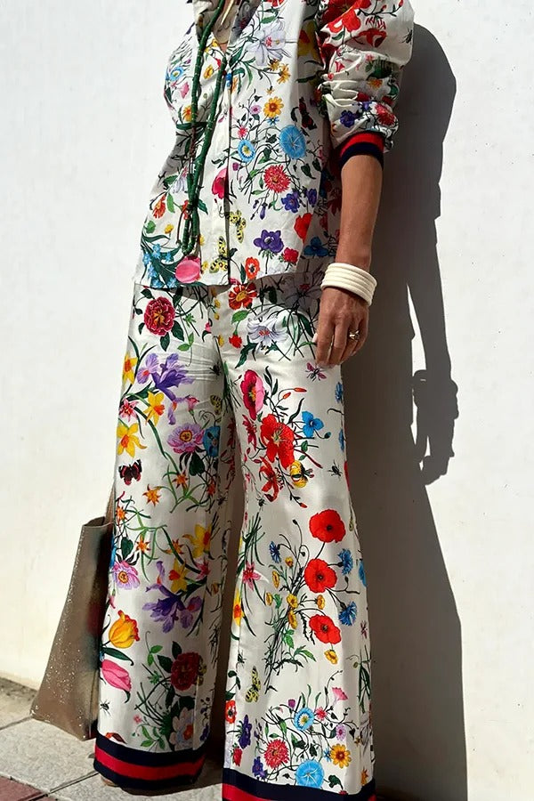 Fabulous Fiesta Satin Floral Unique Print Elastic Waist Pocketed Wide Leg Pants