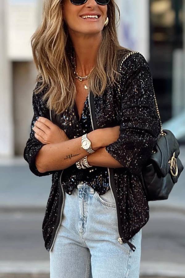 Black Sequin Zipper-up Jacket