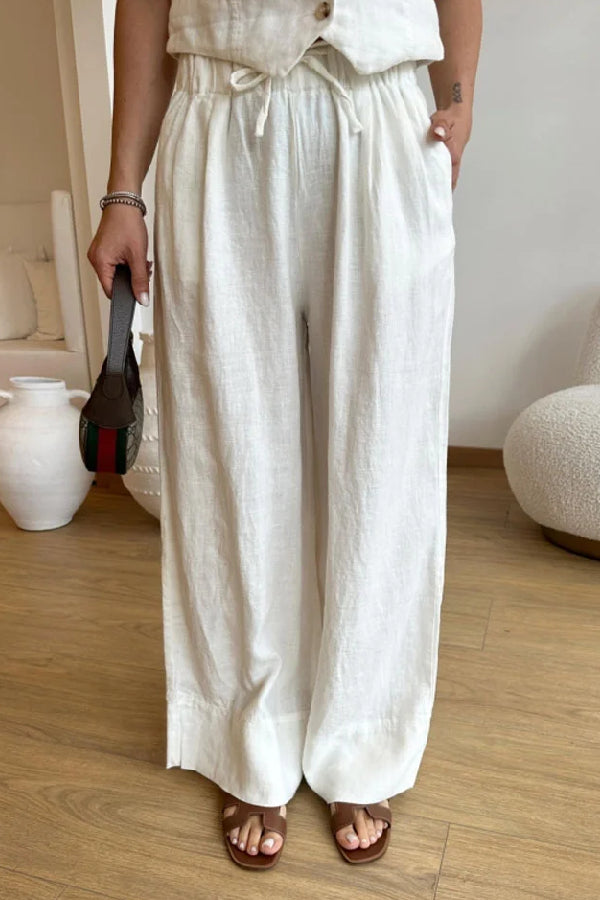 Casual Solid Color Cotton Linen Vest & Lace-Up Pants Two-Piece Set