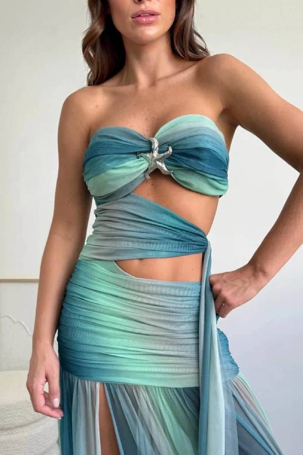 Sexy Printed Side-Slit Draped Maxi Dress