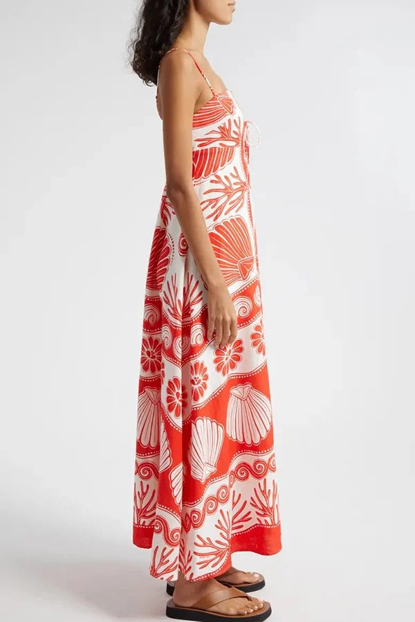 Beautiful Shell Unique Print Front Lace-Up Loose Maxi Dress