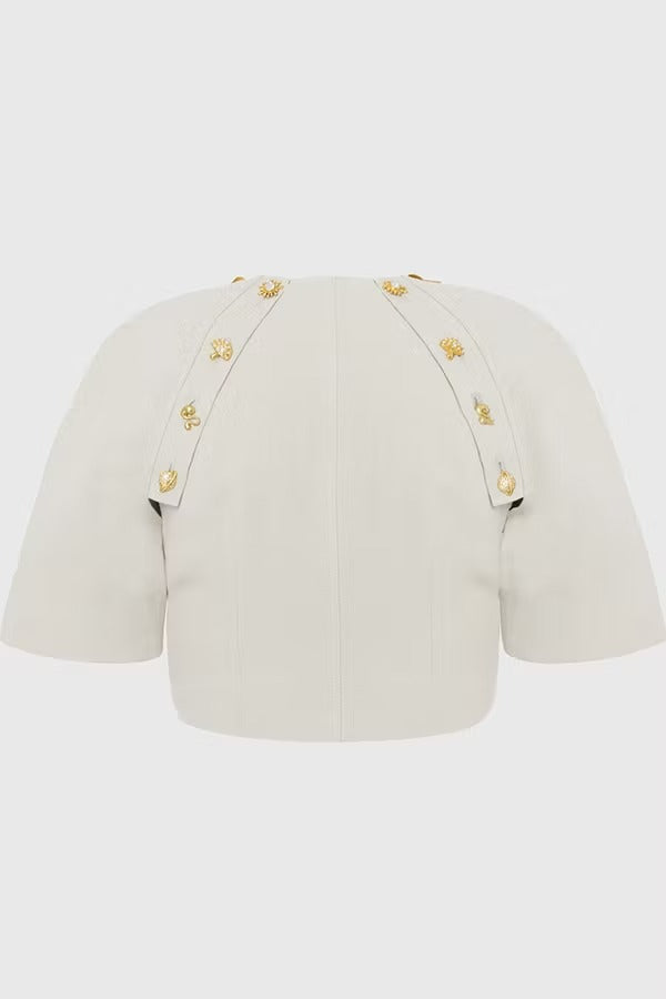 Custom Look Linen Blend Unique Metal Pattern Buttons Slit Half Sleeve Crop Jacket