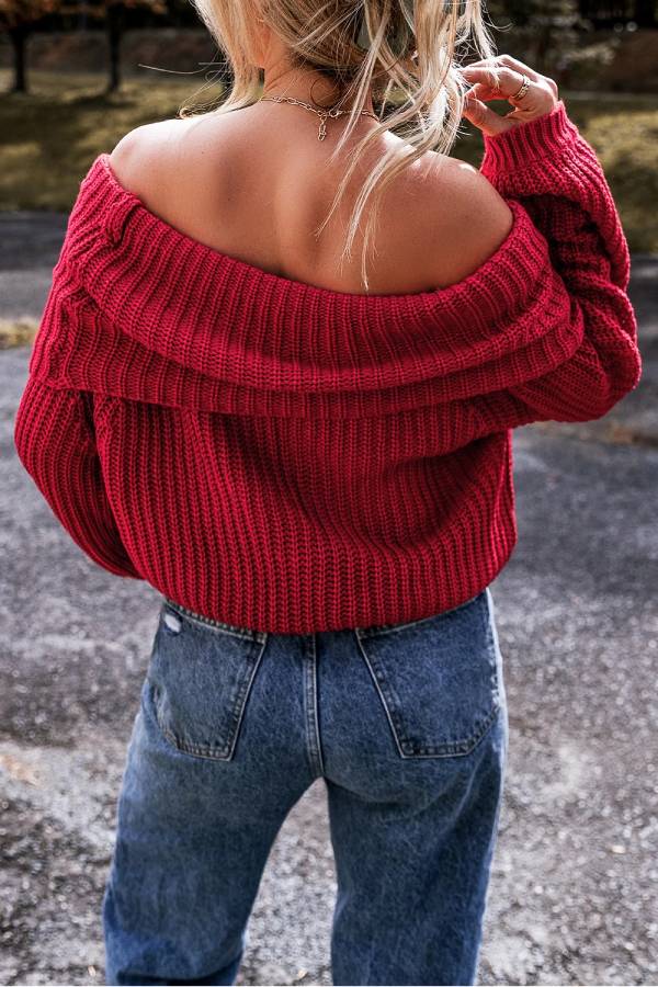 Racing Red Off Shoulder Ribbed Knit Sweater