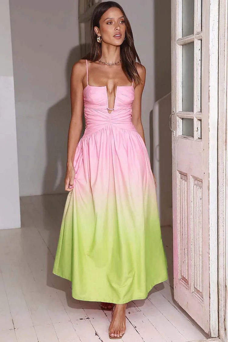 Gradient Color V Neck Backless Prom Slip Maxi Dresses