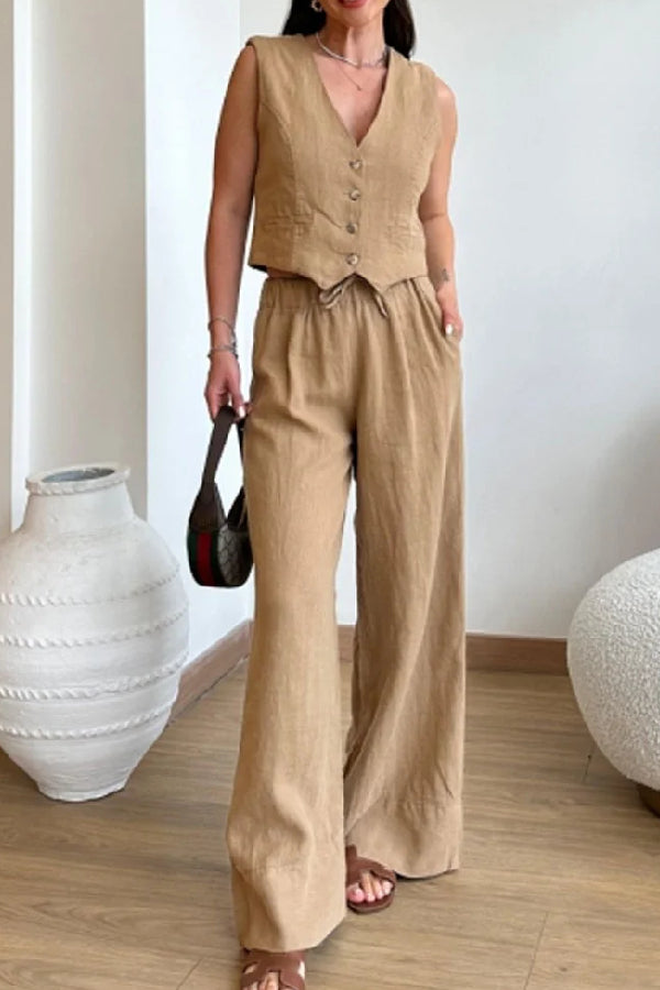 Casual Solid Color Cotton Linen Vest & Lace-Up Pants Two-Piece Set