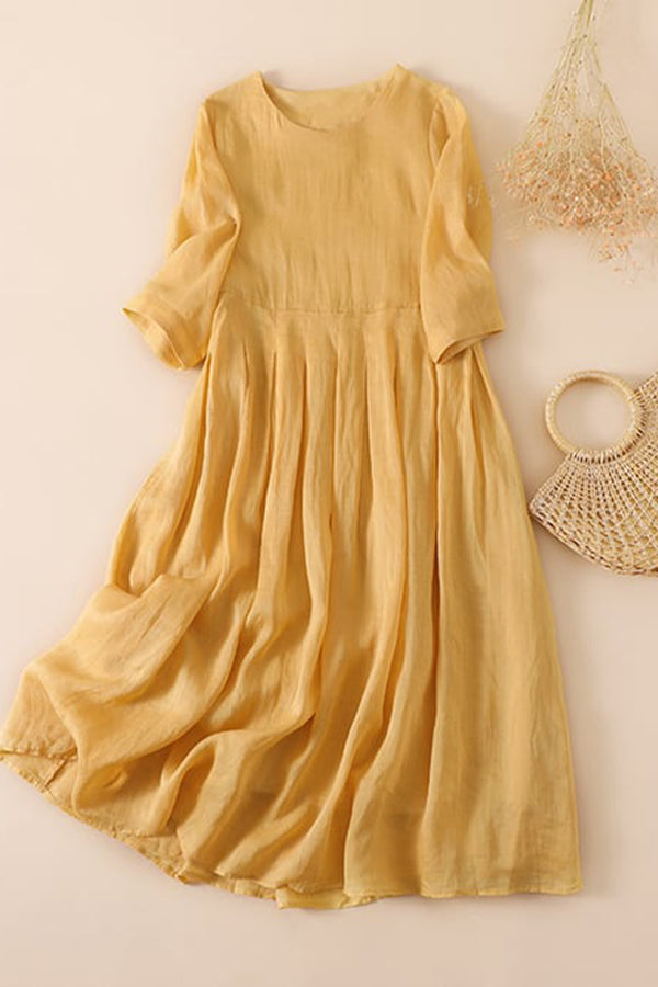 Ramie Solid Loose Pleated Dress