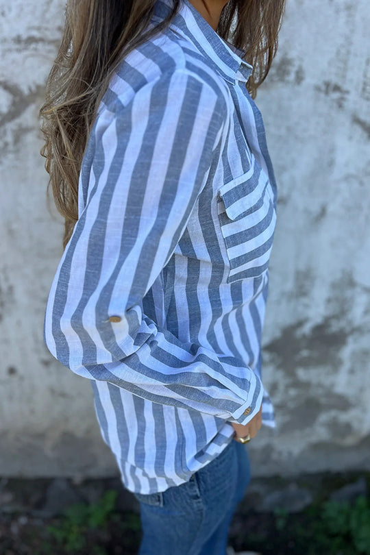 Striped Print Casual Pocket Shirt Top