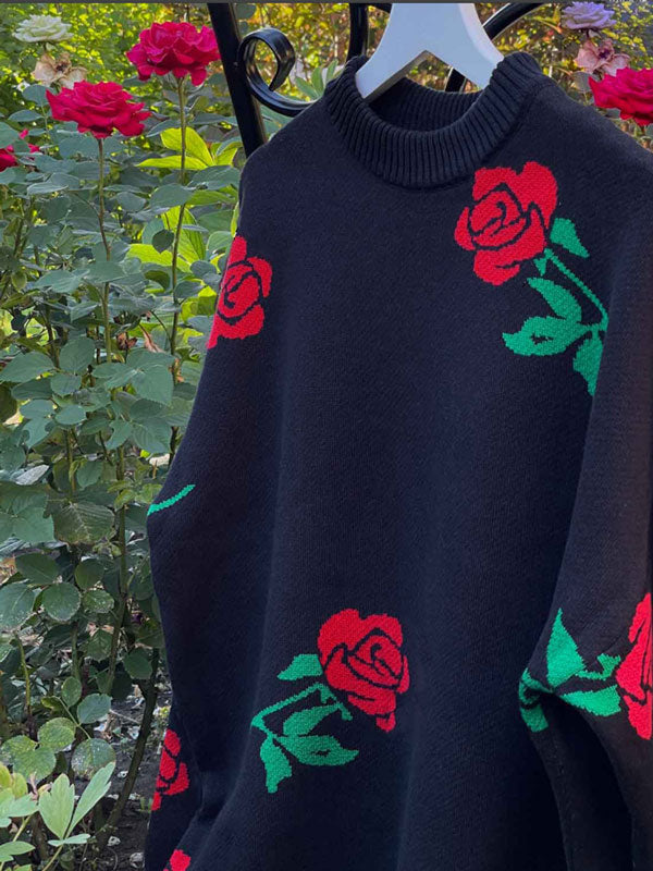 Round Neck Rose Print Sweater