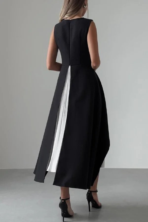 Calm and Elegant Pleated Patchwork Irregular Hem A-line Midi Dress