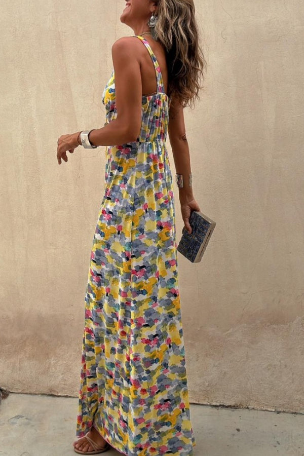 Flora Watercolor Print Crossover Neck Wide Straps Stretch Maxi Dress