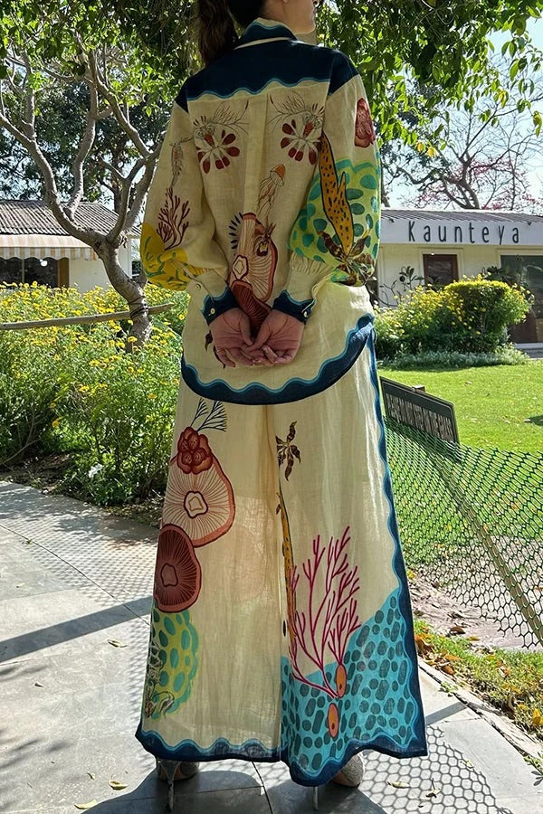 Mysterious Ocean Linen Blend Unique Print Button Down Oversized Blouse