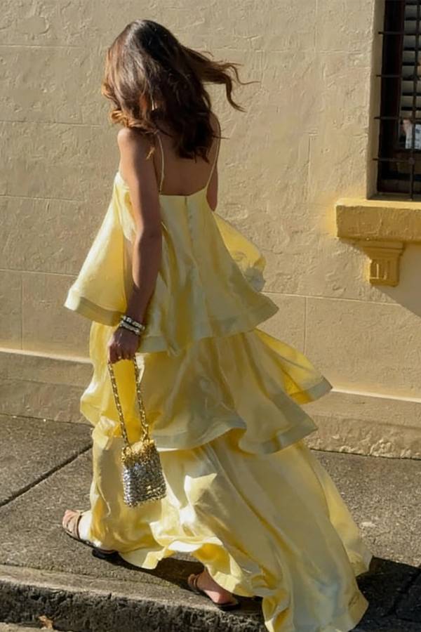 Soft and Smooth Satin Tiered Slip Square Neck A-line Maxi Dress