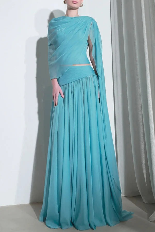 Solana Draped Sheer Cape Top and High Waist Pleated Slit Maxi Skirt Set