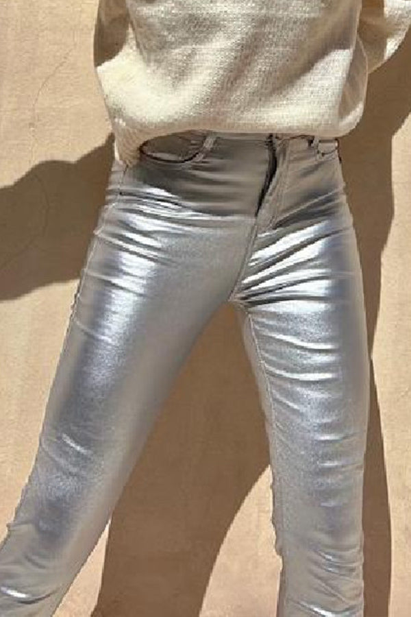 Sweet and Glitzy Metallic Color Pocket Faux Leather Stretch Pants