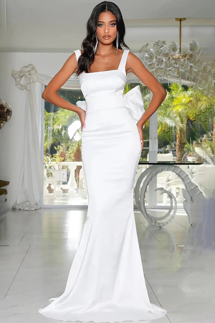 Plain Bow Decor Sash Bodycon Mermaid Hem Evening Gowns White Slip Maxi Dresses