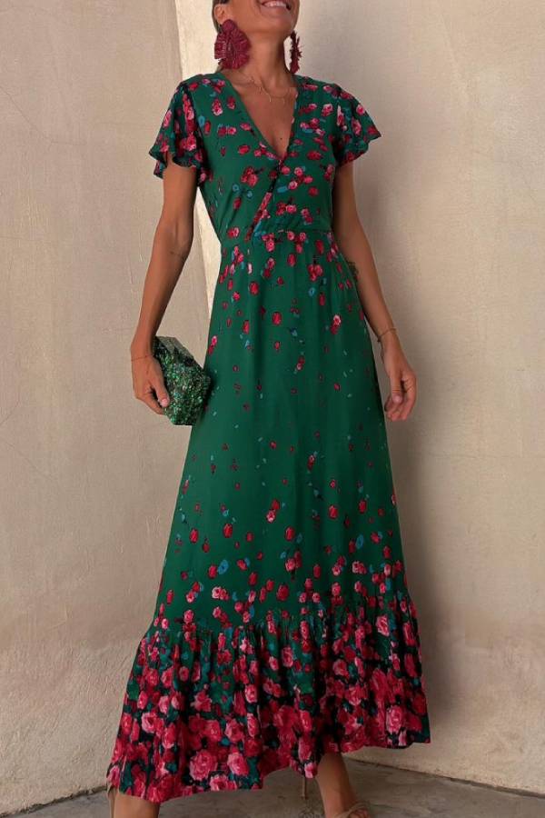 Falling Flowers Printed Ruffle Sleeve Wrap Loose Maxi Dress