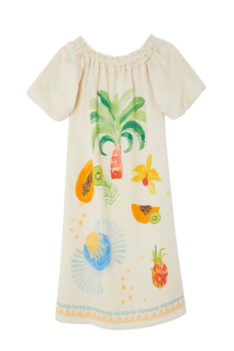 Sunveil – Trägerloses Maxikleid aus Leinenmischung mit einzigartigem Druck, Puffärmeln und Tasche