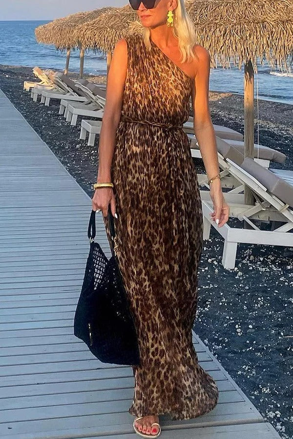 Occupy My Heart Leopard Print One Shoulder Belted Maxi Dress