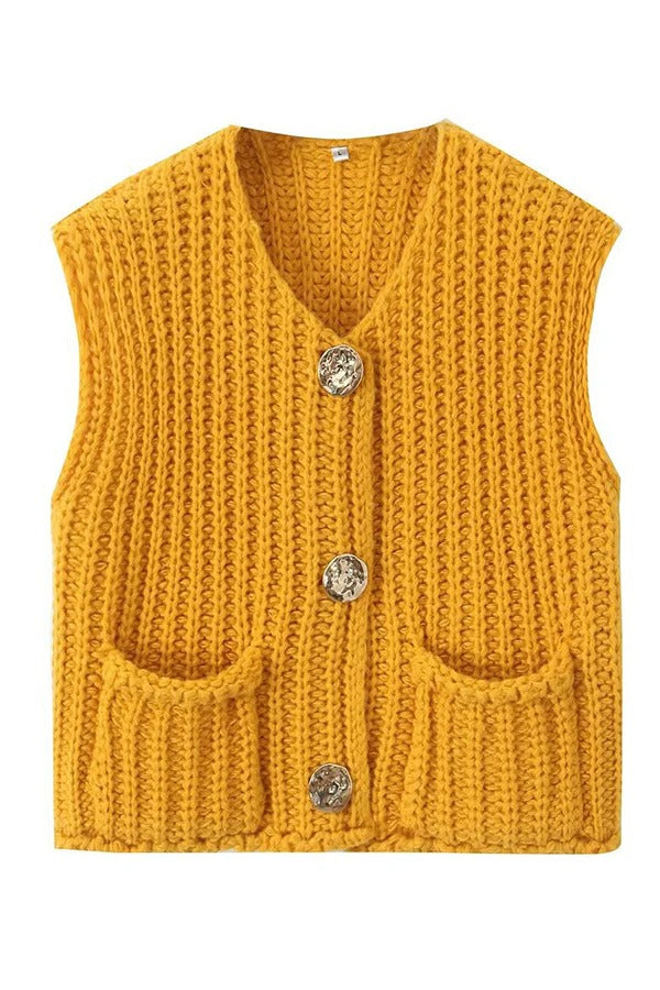 Solid Color Sleeveless Pocket Knitted Vest