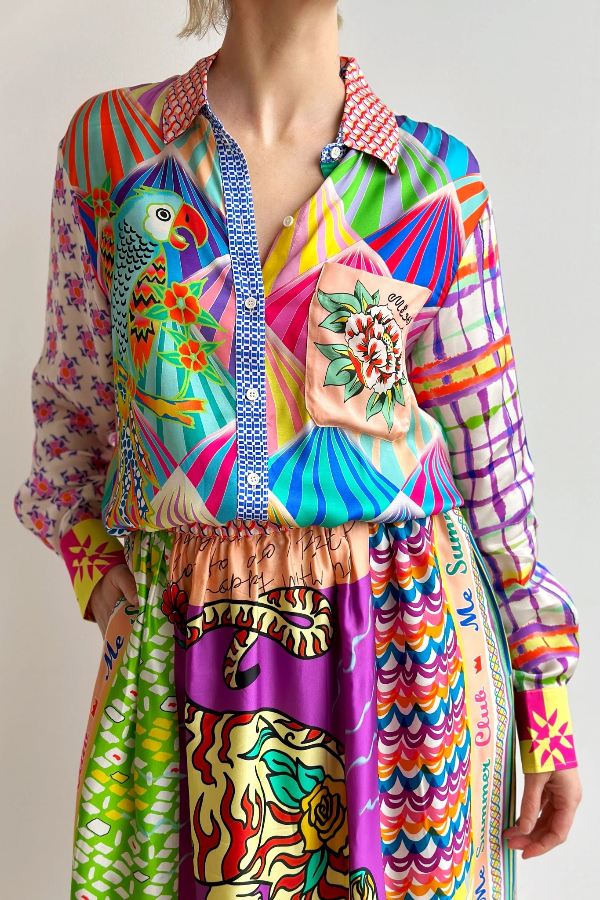 You Make Me Wonder Satin Colorful Unique Print Button Down Oversized Blouse