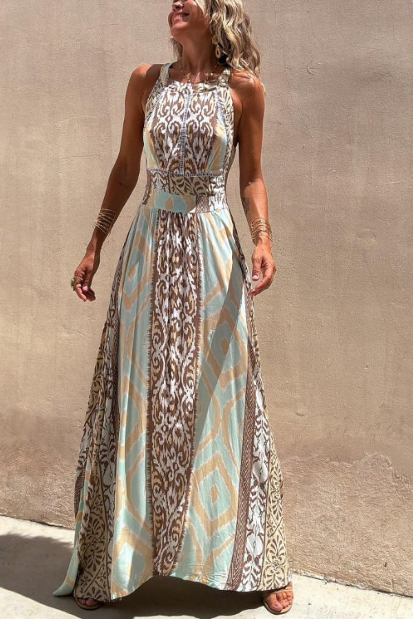 Kalena Unique Color Block Print Halter Elastic Waist Tie-Up Maxi Dress