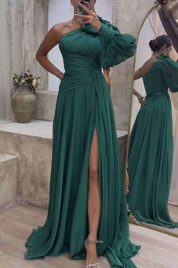 Pretty First Solid Color Floral Pleated One Shoulder Sleeve Slit Maxi Dress