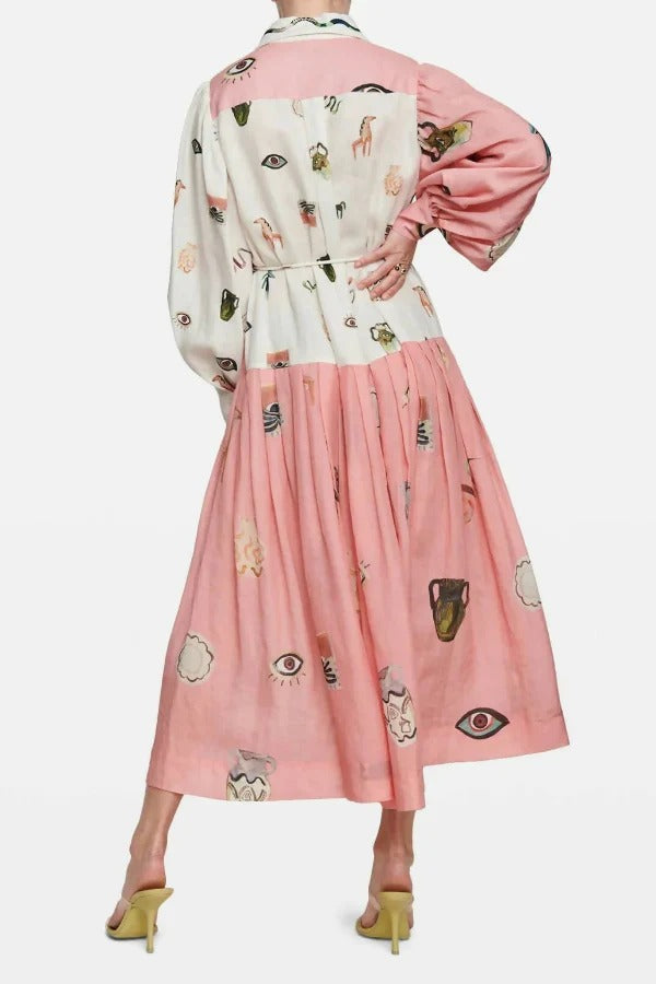 Playful Design Unique Print Balloon Sleeve Pocket Belt Shirt Midi Dress