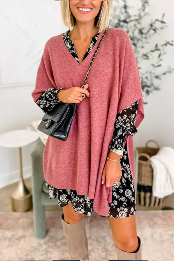 V Neck Loose Fit Solid Poncho Sweater