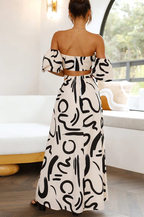 Allegra Doodle Printed Off Shoulder Crop Top and Pocketed Cutout Maxi Skirt Set