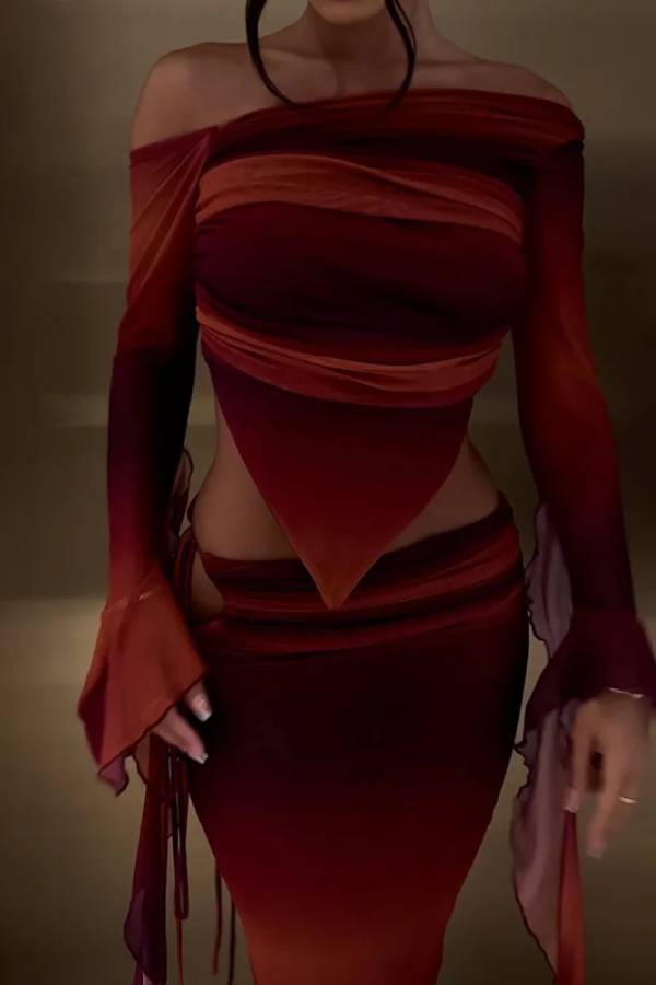 Sexy Gradient Shoulder Top & Skirt Two-Piece Set