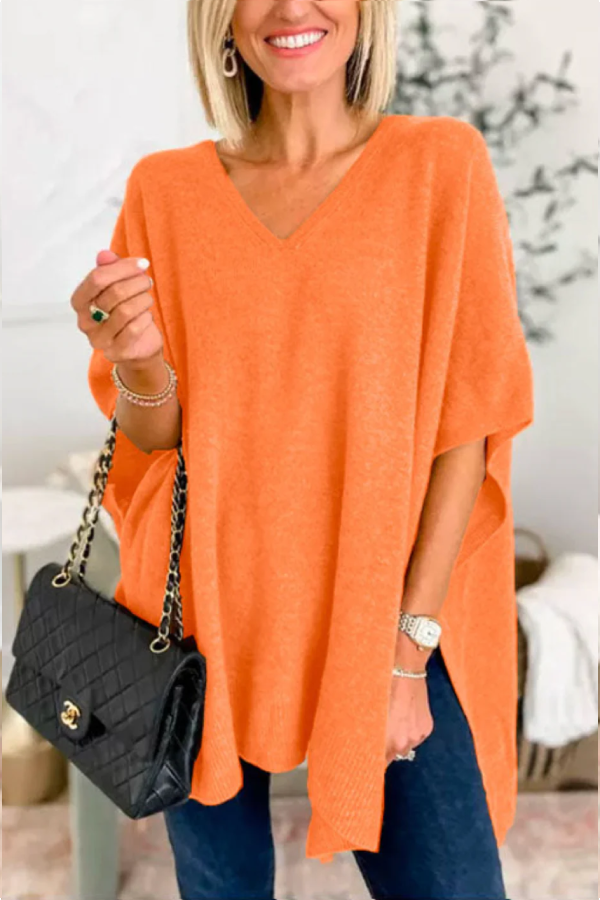 V Neck Loose Fit Solid Poncho Sweater