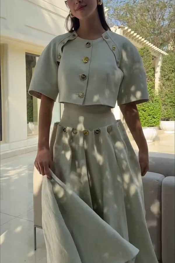 Custom Look Linen Blend Unique Metal Pattern Buttons Slit Half Sleeve Crop Jacket