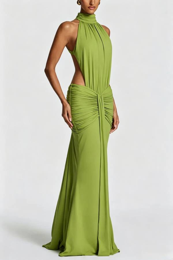 Thekla Stretch Slinky Jersey High Neck Ruched Backless Drape Maxi Dress