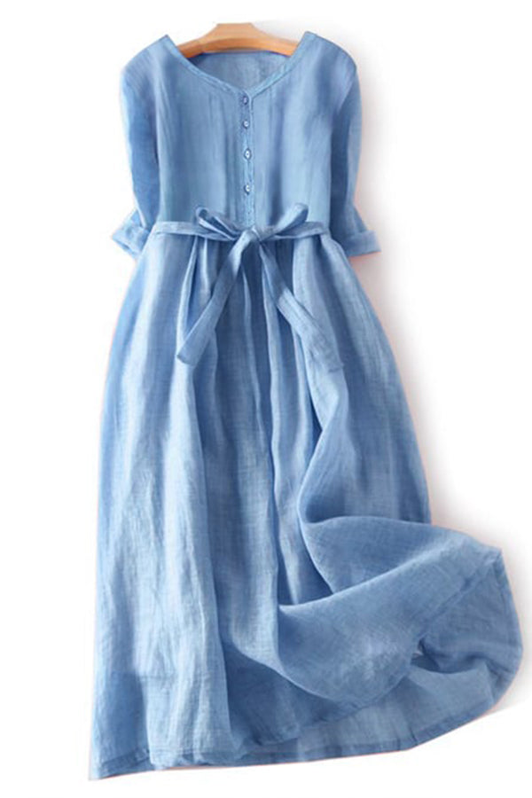 Literary And Elegant Cotton And Linen Tie Dress